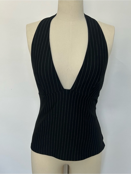 Princess Polly Tops - Princess Polly Black Pinstripe Deep V Halter Camisole
